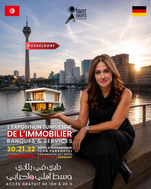 Affiche de l'Exposition tunisienne de l'immobilier à Düsseldorf, Salma Jardak tenant une maquette de villa