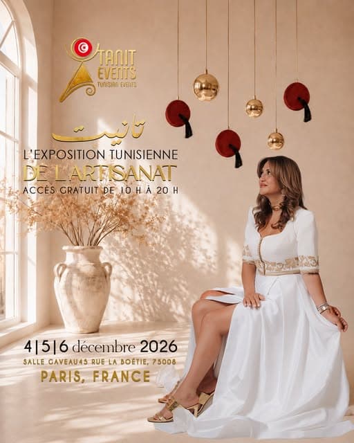 Affiche de l'Exposition tunisienne de l'artisanat à Paris, Salma Jardak en robe blanche brodée